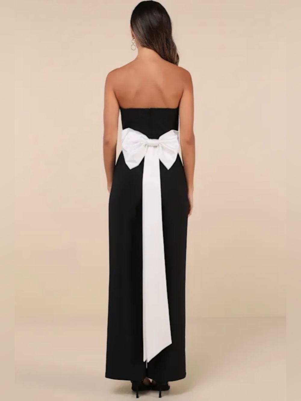Lulus Sleek Perfection Black and White Strapless Bow Jumpsuit S NWT - Picture 3 of 6